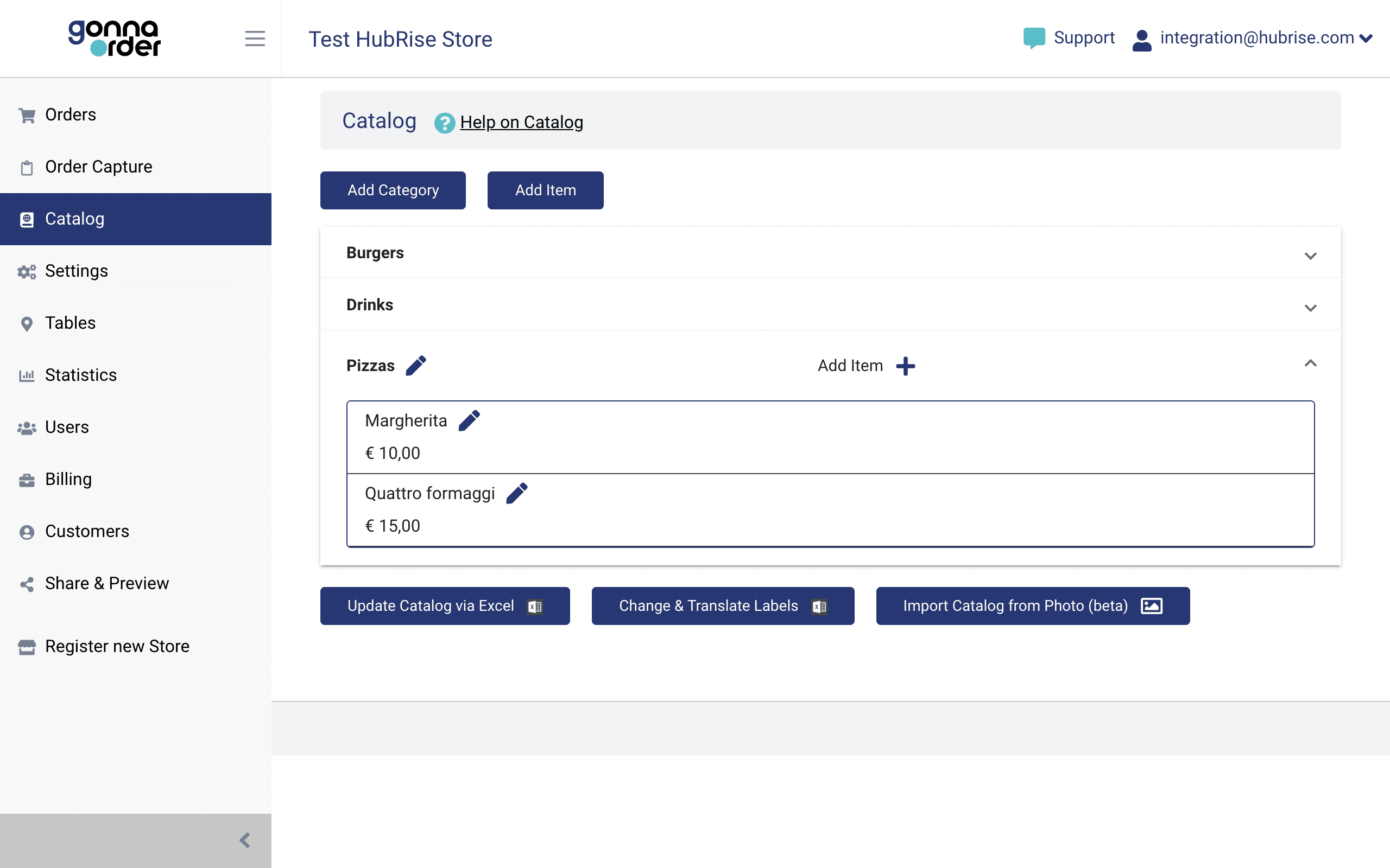 The catalog page in the GonnaOrder back office