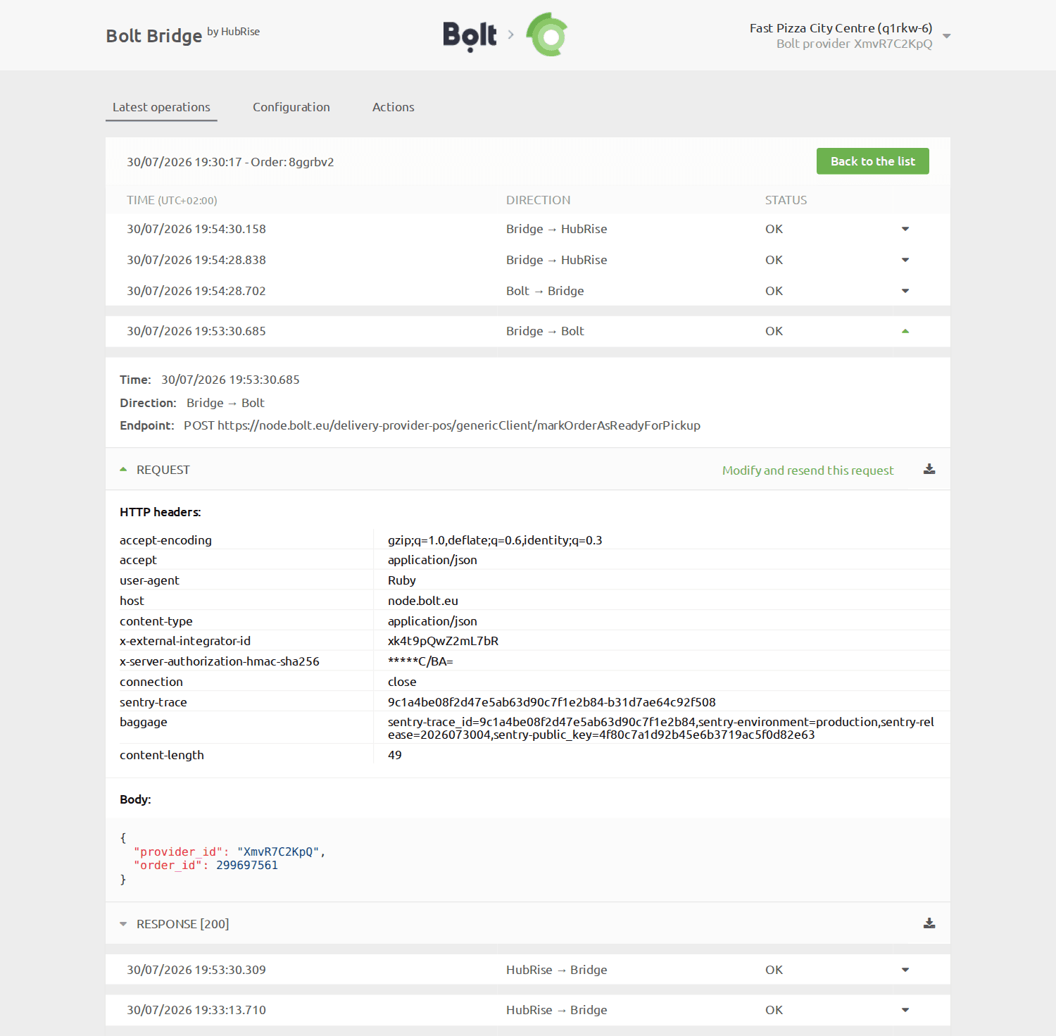 Order logs page on Bolt Bridge