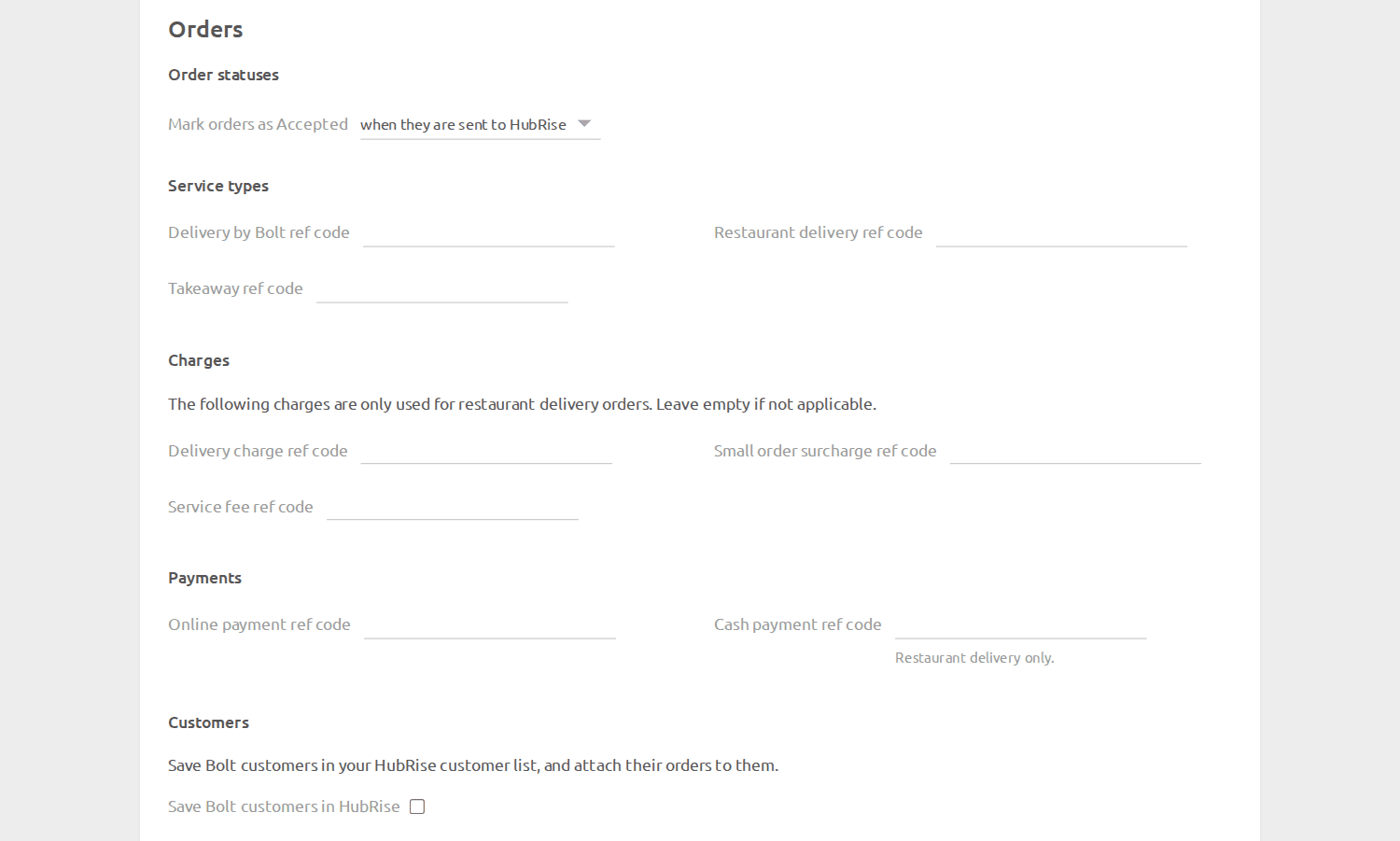 Bolt Bridge configuration page, Orders section