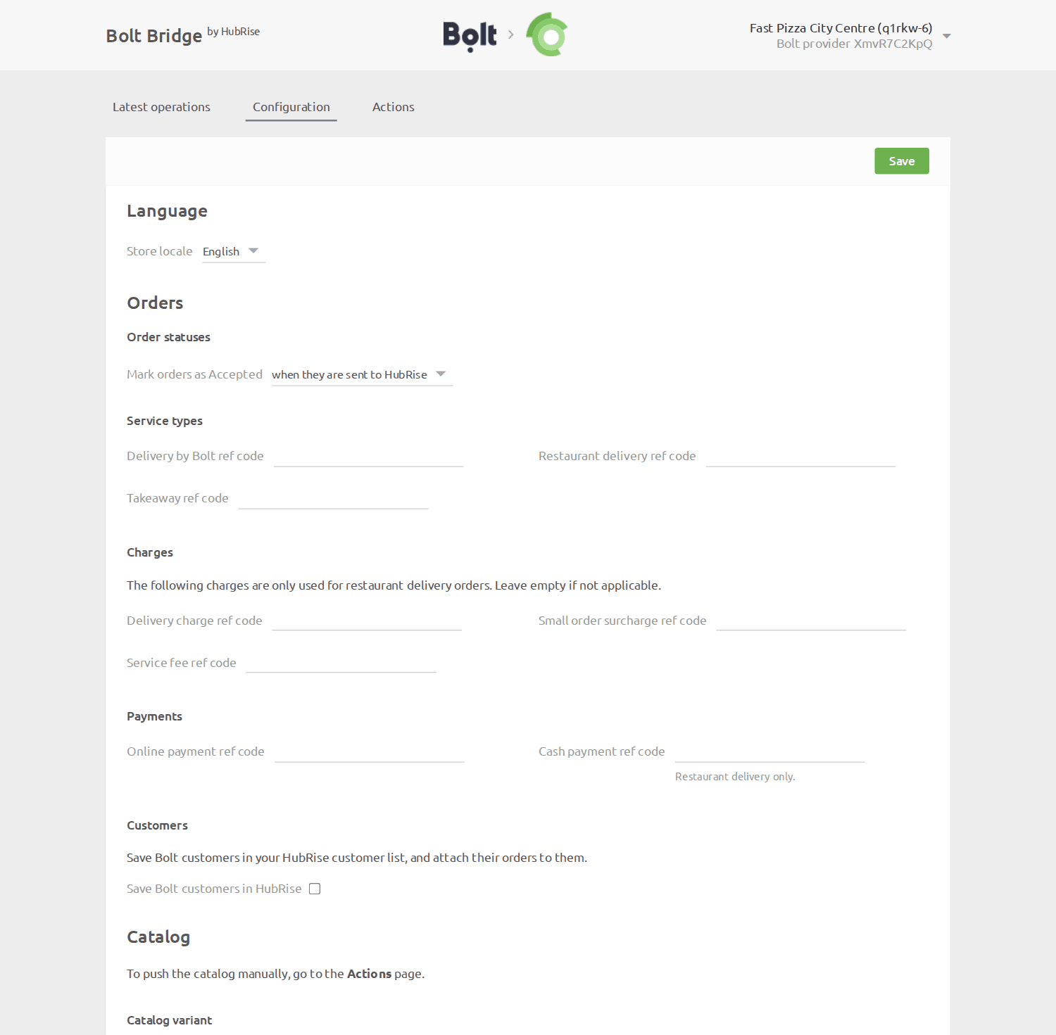 Bolt Bridge configuration page