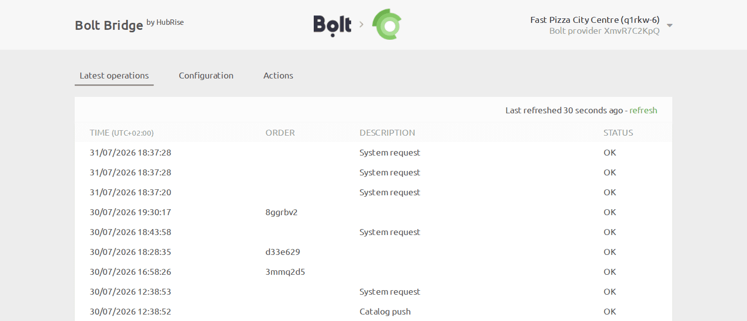Operations page of Bolt Bridge developed by HubRise