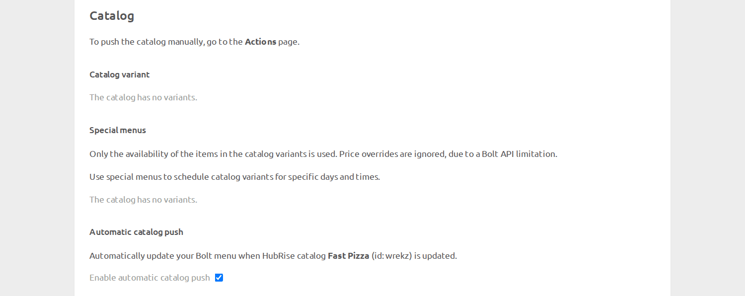 Bolt Bridge configuration page, Catalog section