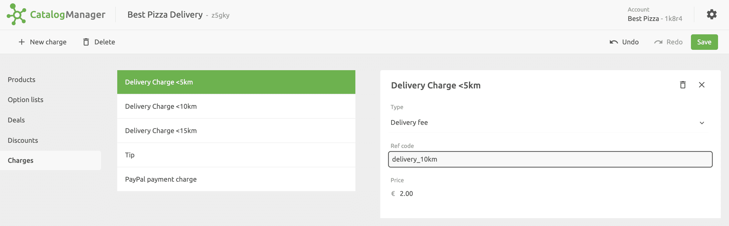 Catalog Manager Charges list
