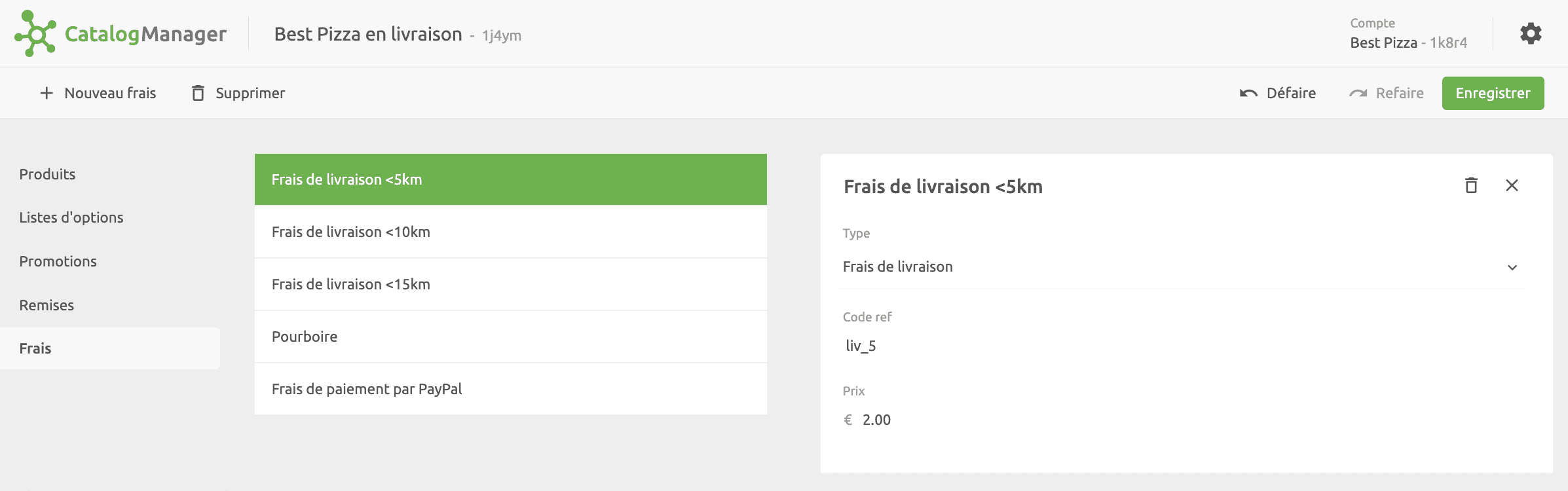 Liste de frais Catalog Manager