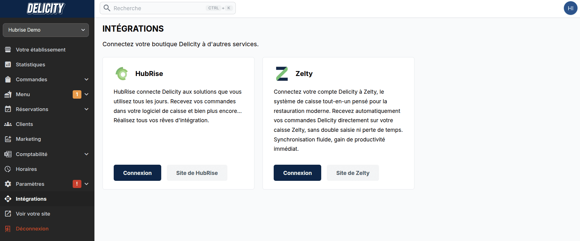 Connexion HubRise sur Delicity