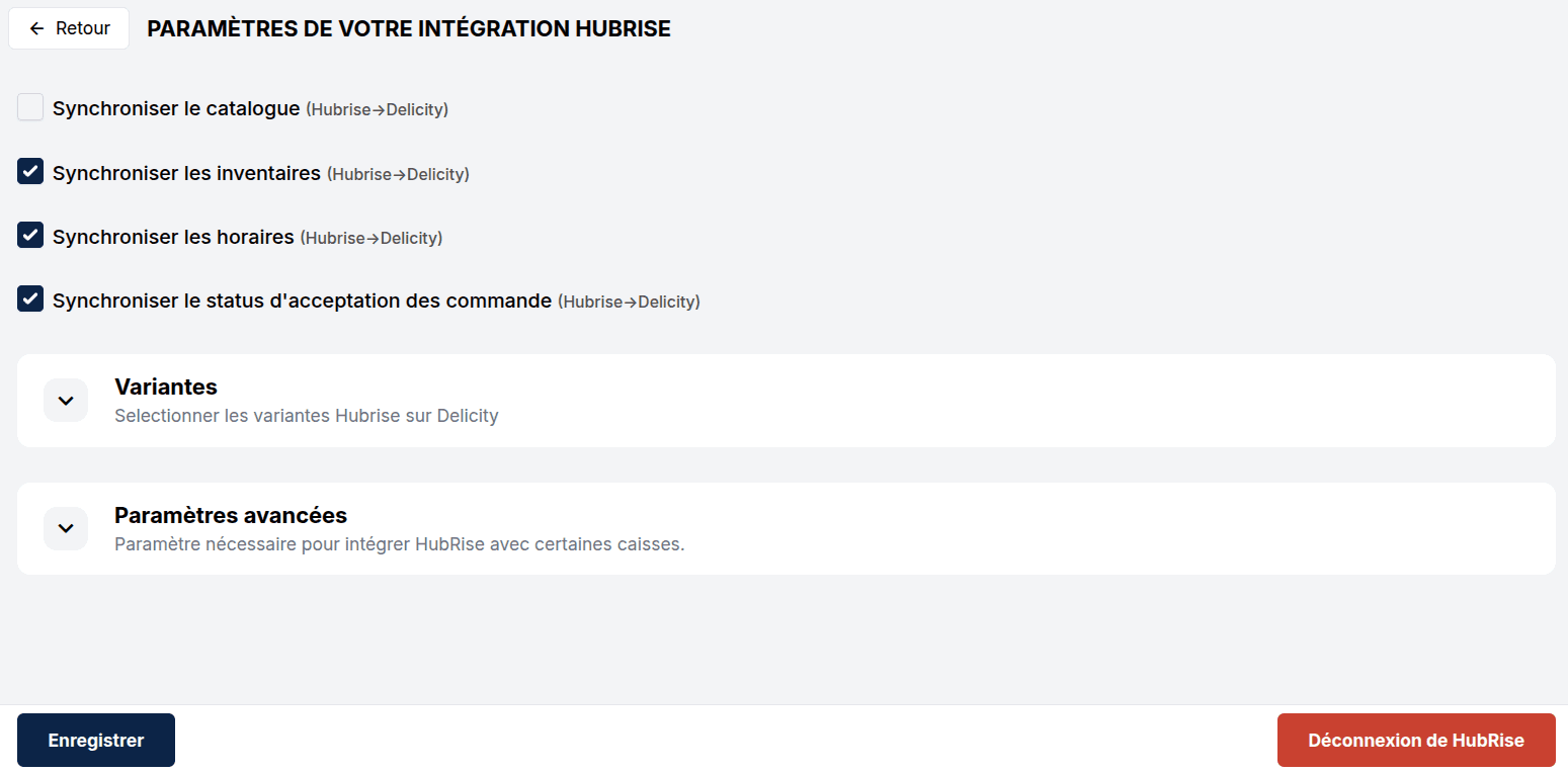 Déconnexion d'HubRise sur Delicity
