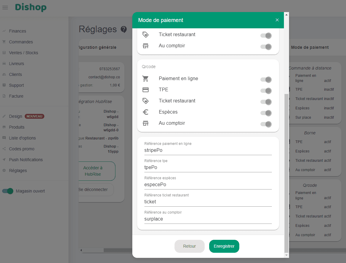 Associer les codes ref - Modes de paiement