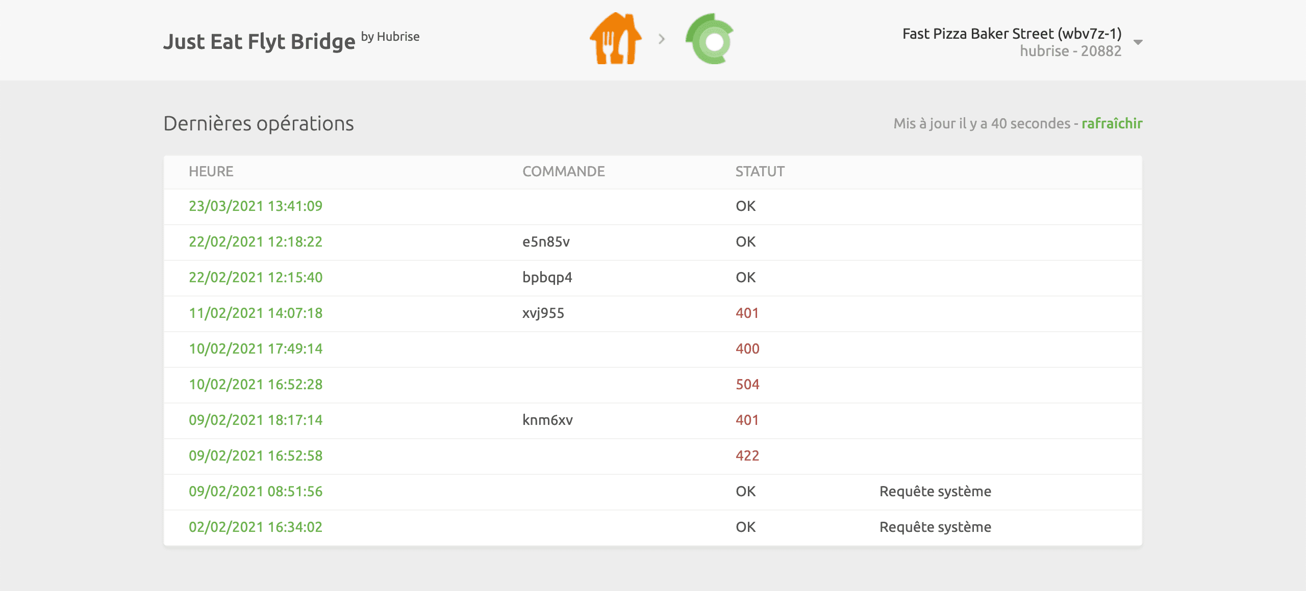Page des opérations de Just Eat Flyt Bridge, développé par HubRise