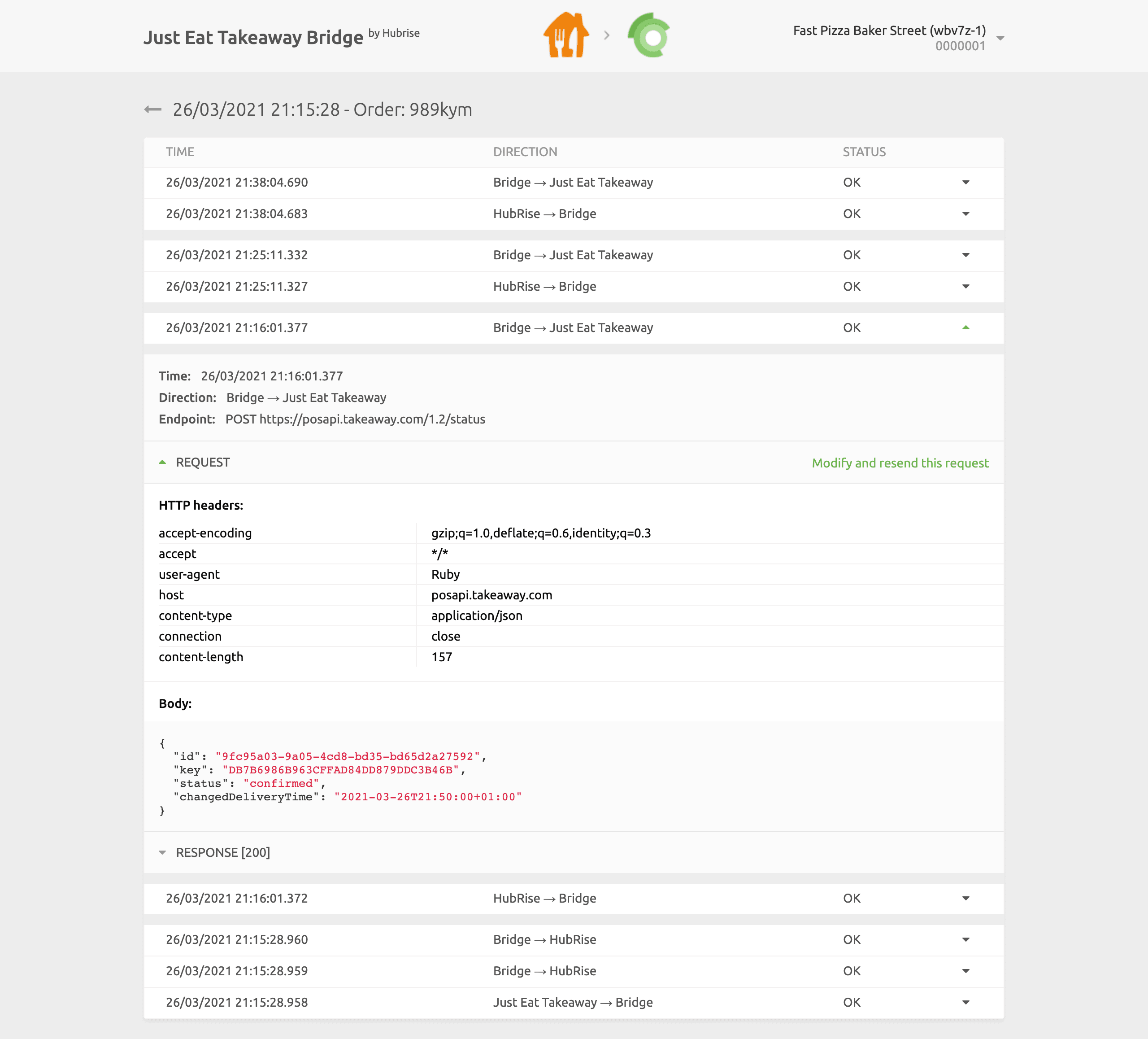 Order logs page on Just Eat Takeaway Bridge
