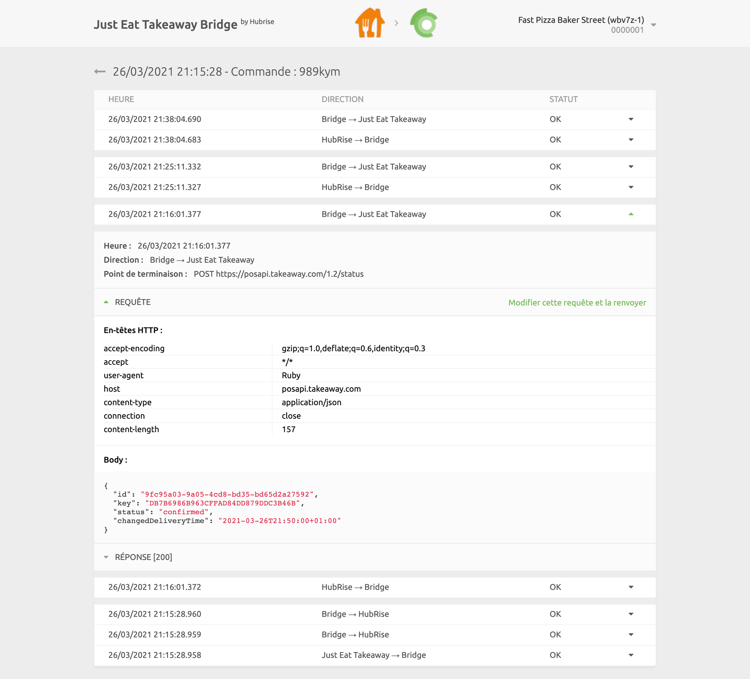 Page des logs de commande sur Just Eat Takeaway Bridge