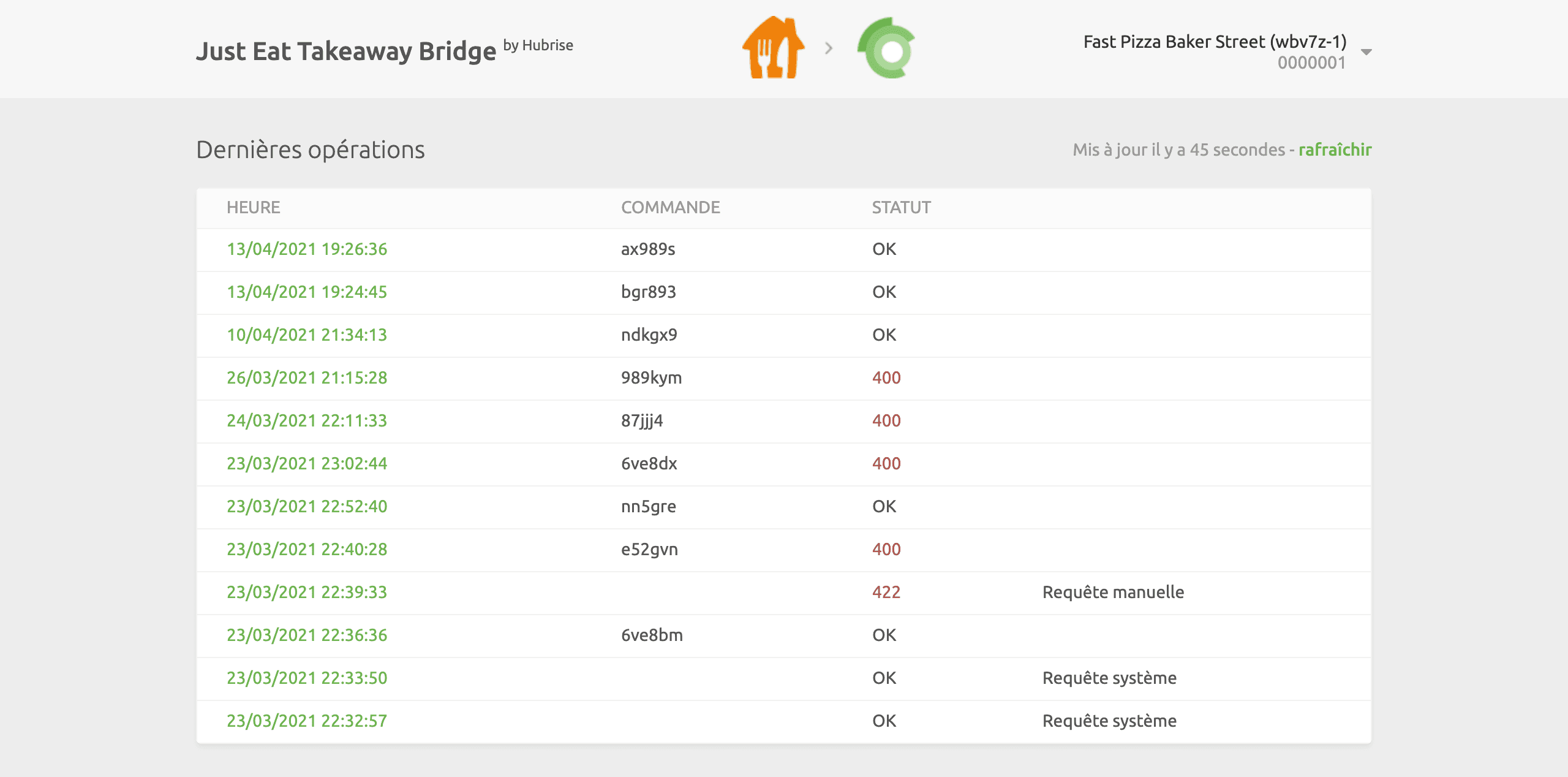 Page des opérations de Just Eat Takeaway Bridge, développé par HubRise