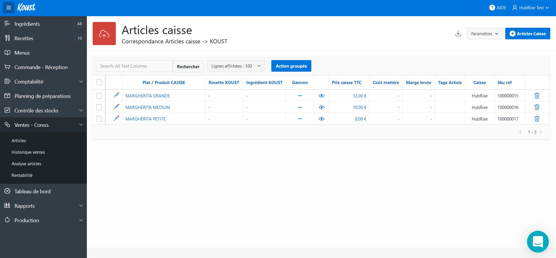 Associer les codes ref - Liste des articles