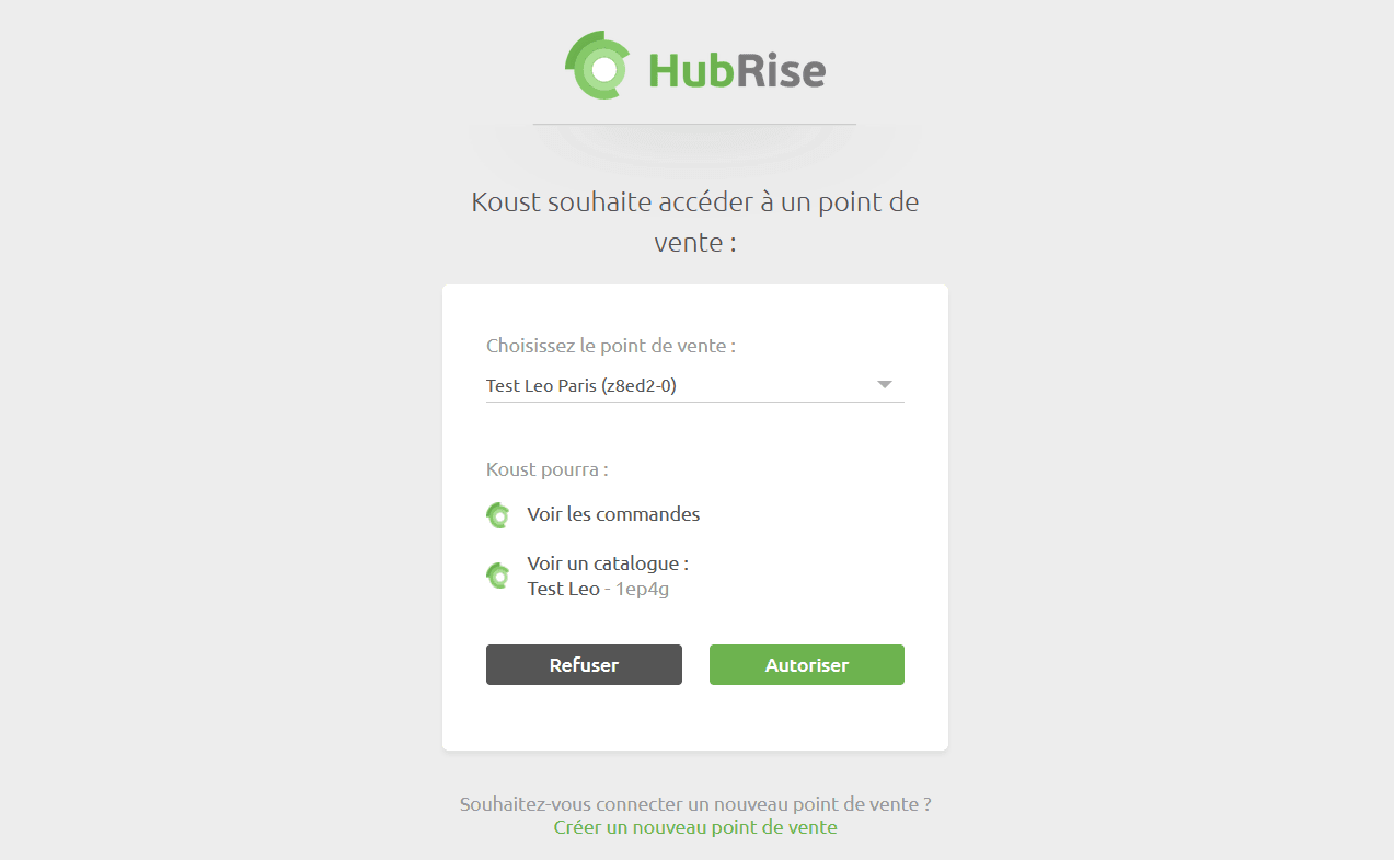 Connexion à HubRise - Choix du point de vente