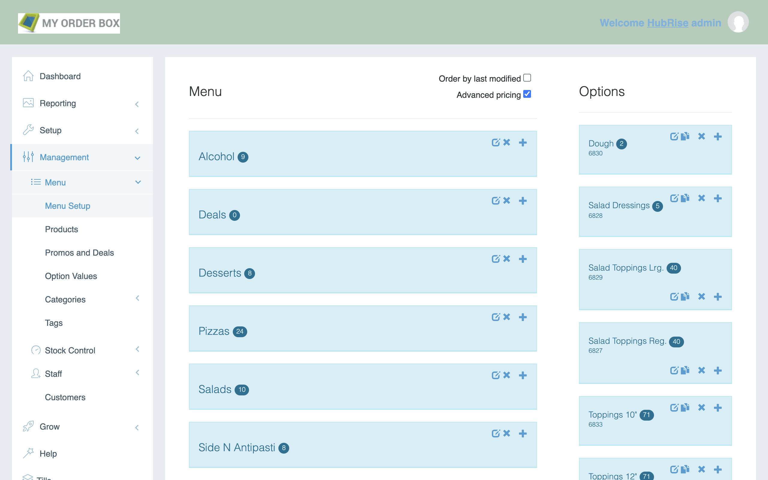 The Menu setup page in MyFoodFast back office