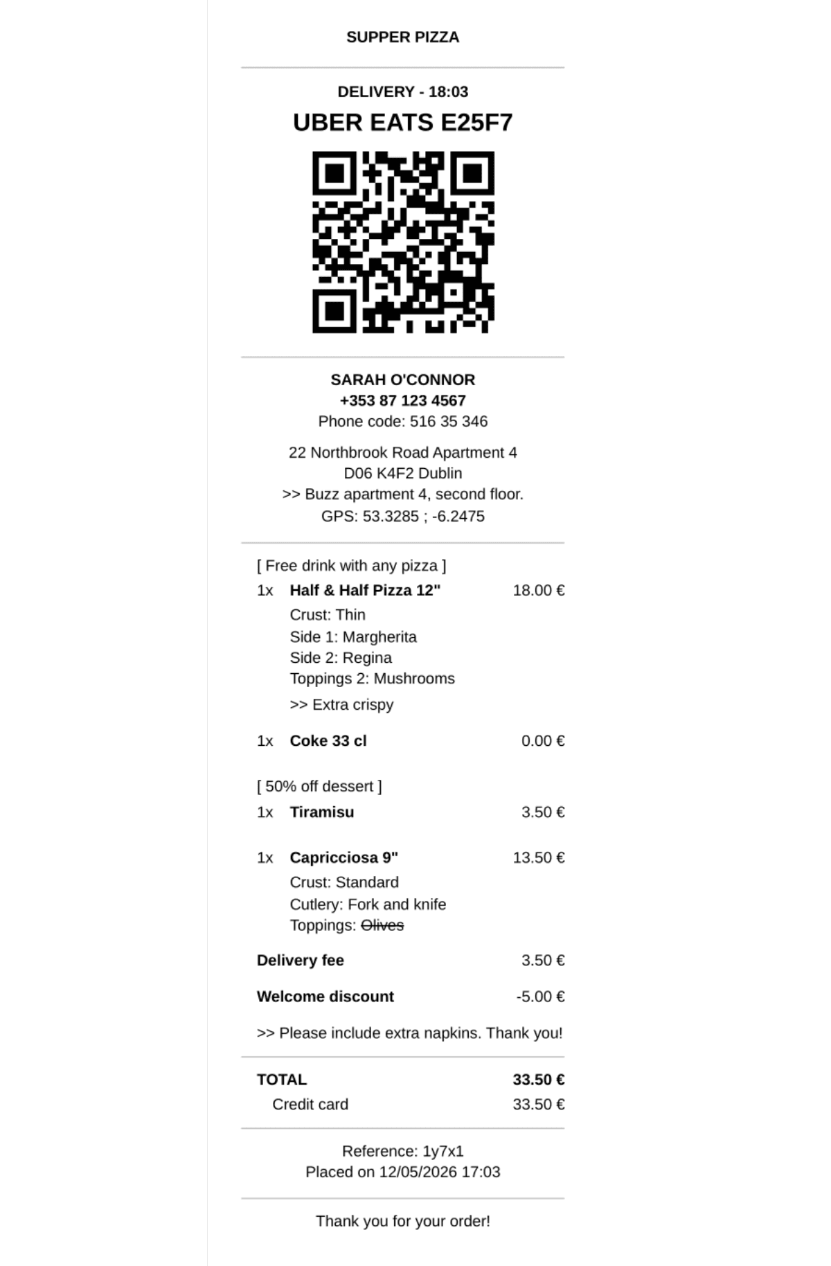 OrderLine Order Receipt Example