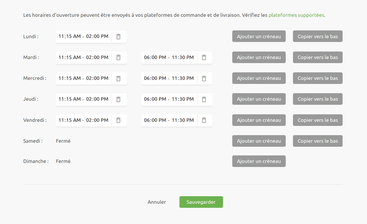 Interface des horaires d'ouverture