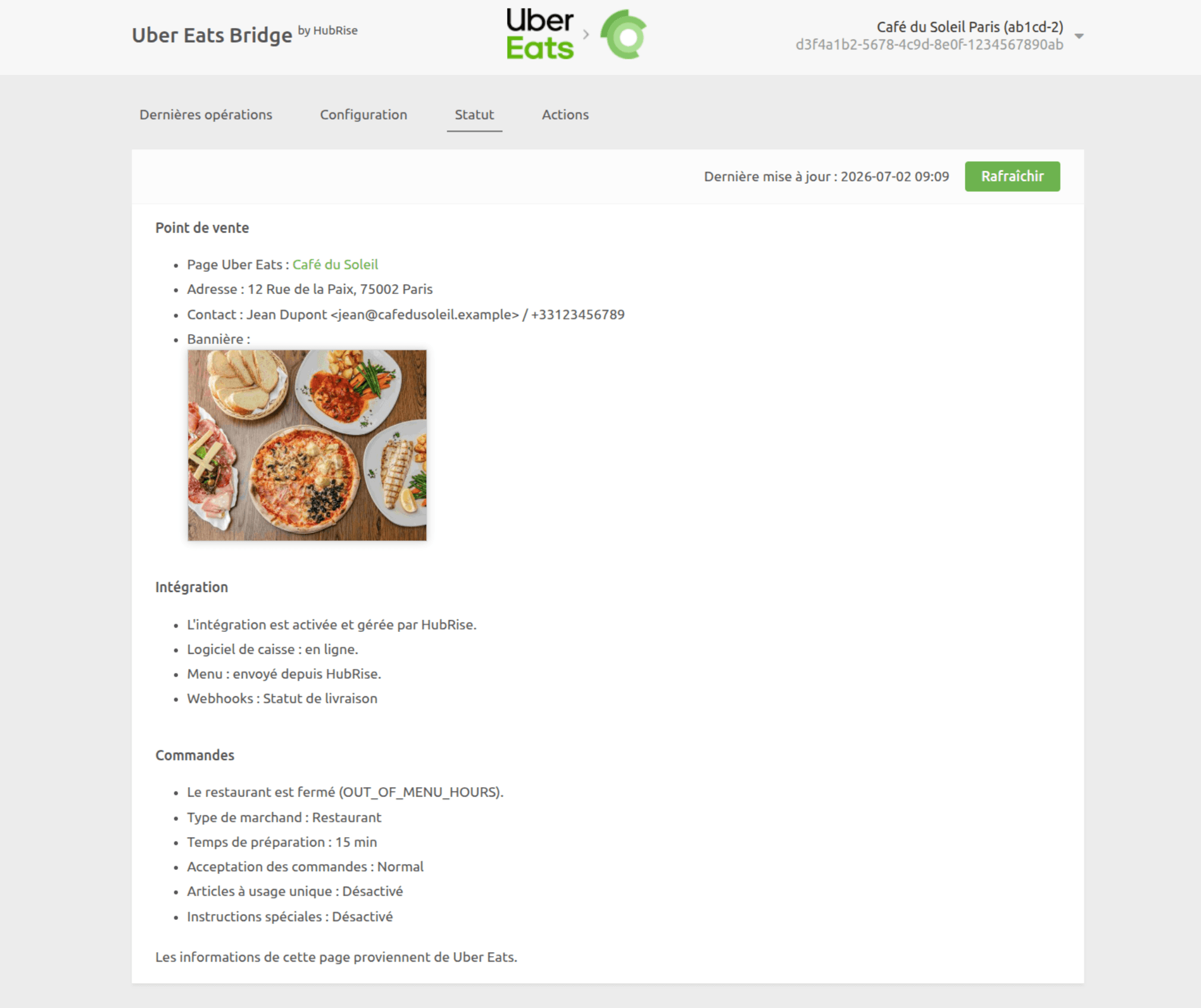 Page Statut sur Uber Eats Bridge