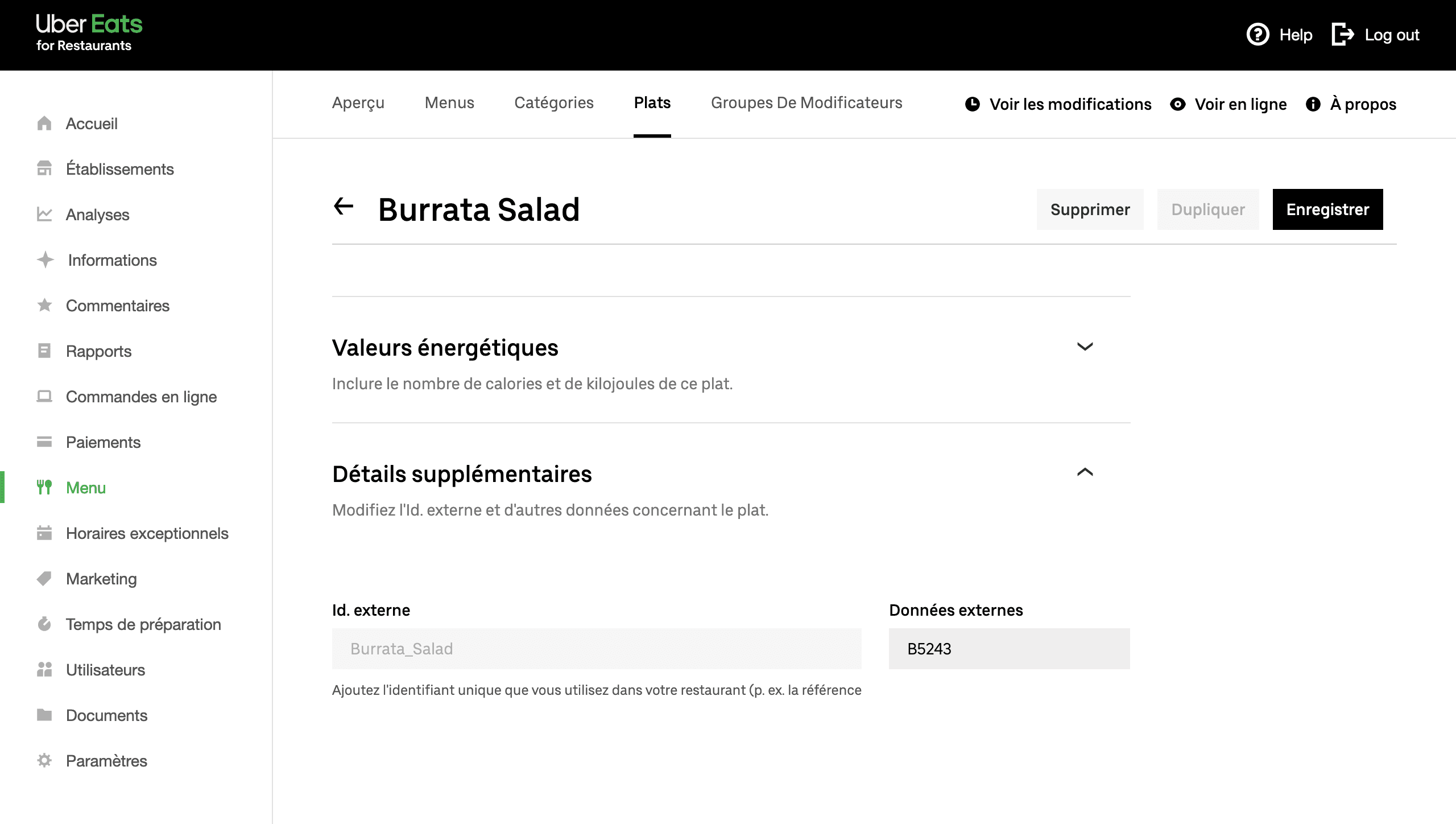 Page des plats Uber Eats