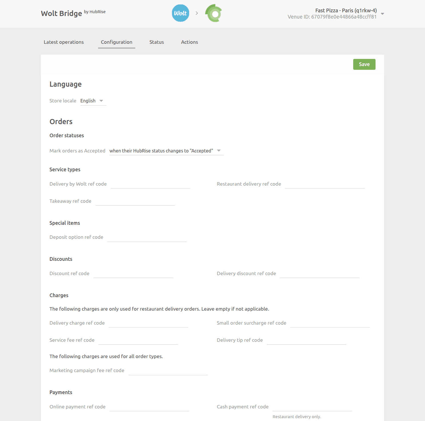 Wolt Bridge configuration page
