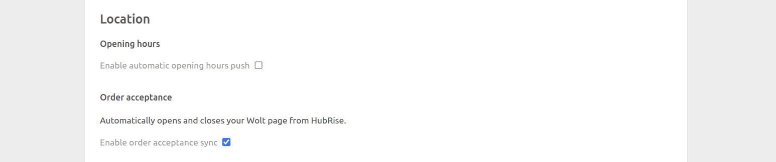 Wolt Bridge configuration page, Location section