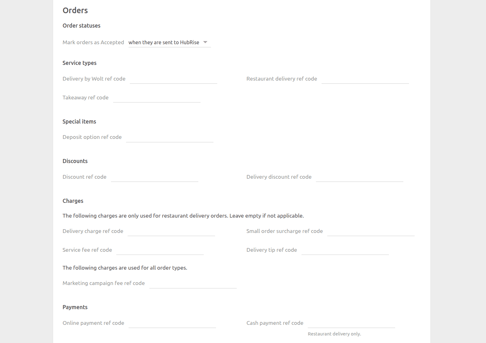 Wolt Bridge configuration page, Orders section