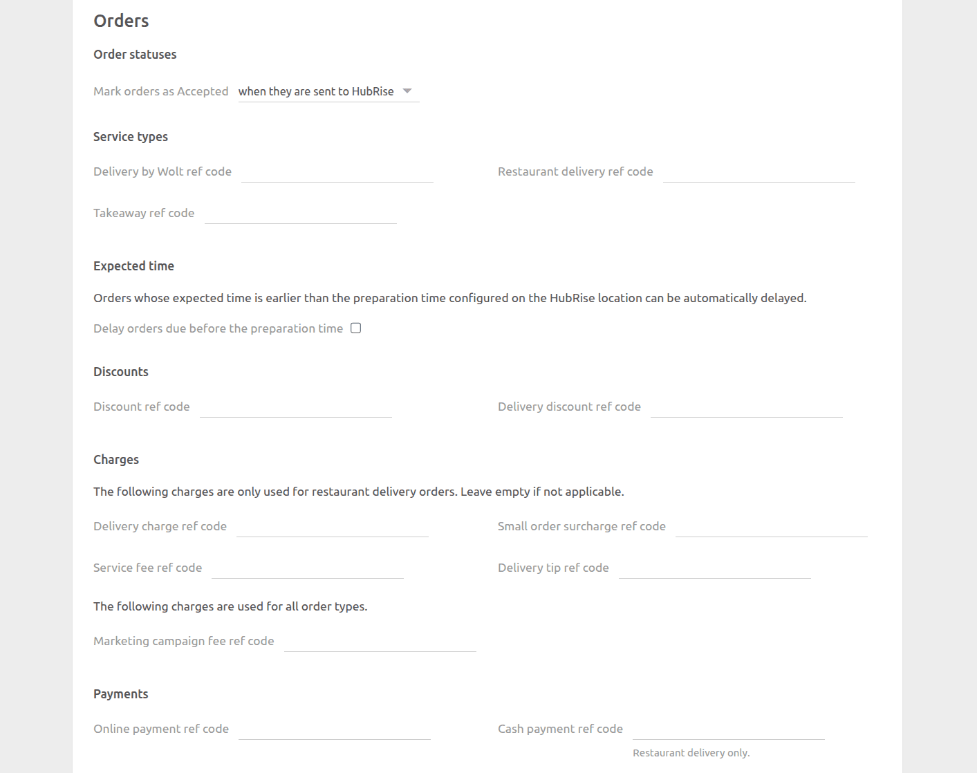 Wolt Bridge configuration page, Orders section