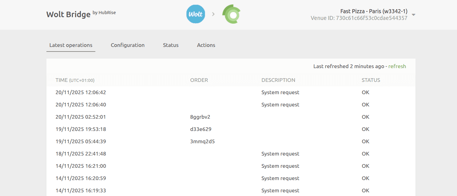 Operations page of Wolt Bridge developed by HubRise