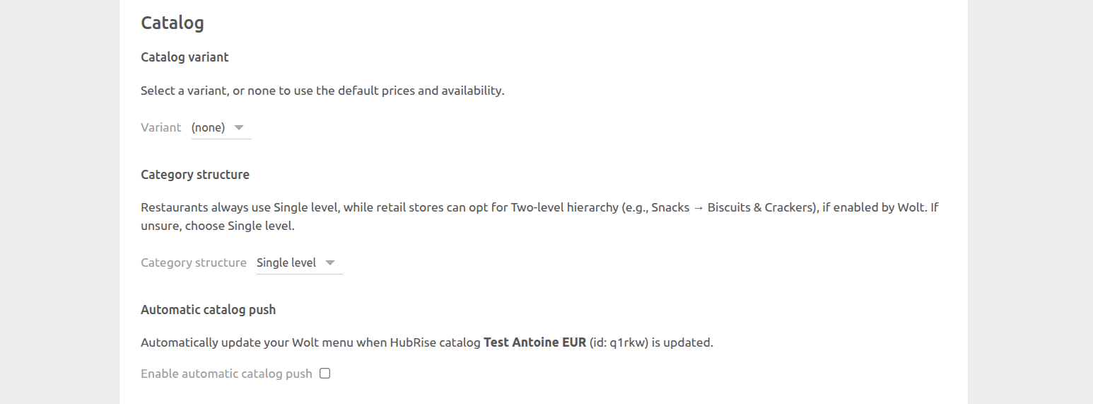 Wolt Bridge configuration page, Catalog section