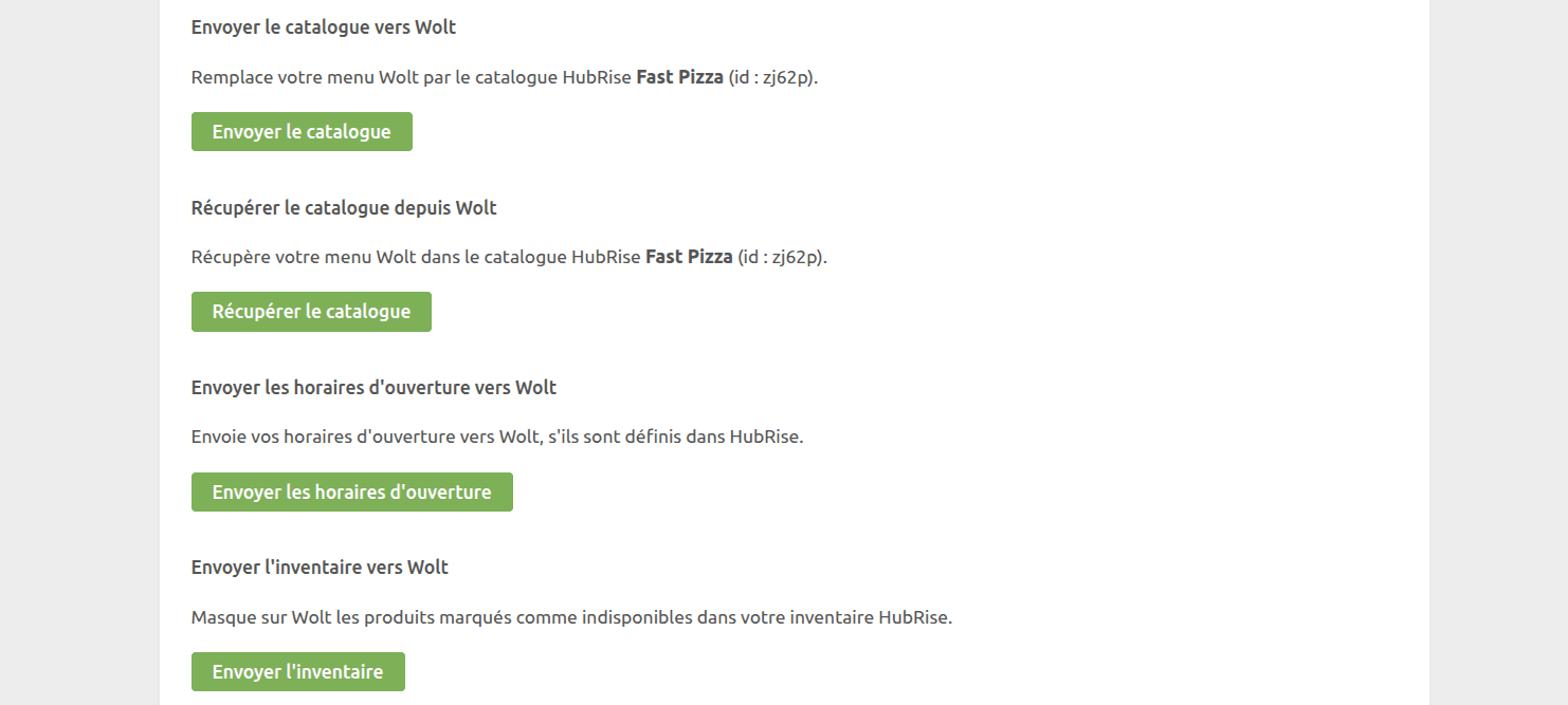 Page des actions de Wolt Bridge