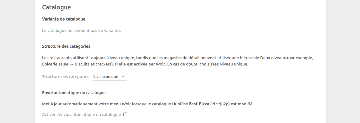 Page de configuration Wolt Bridge, section Catalogue