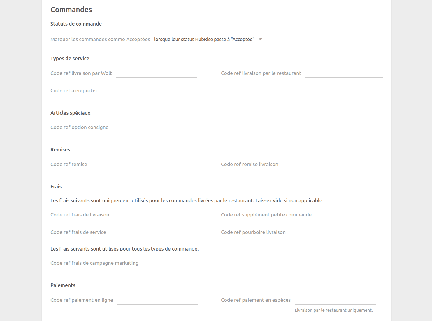 Page de configuration Wolt Bridge, section Commandes