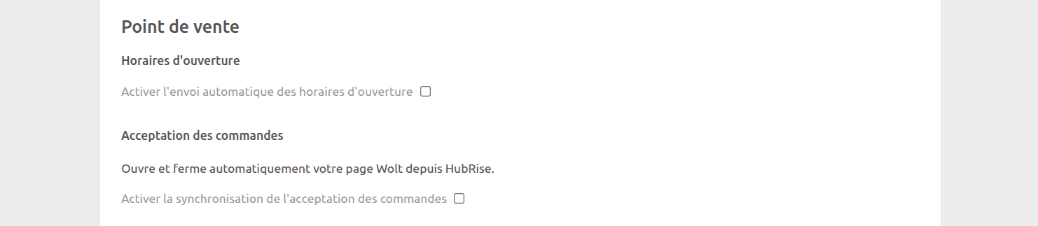 Page de configuration Wolt Bridge, section Point de vente