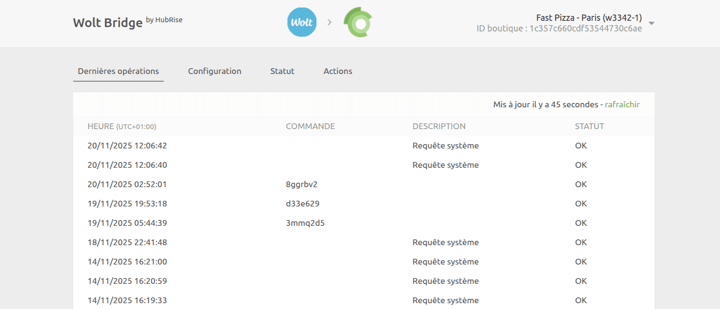 Page des opérations de Wolt Bridge, développé par HubRise
