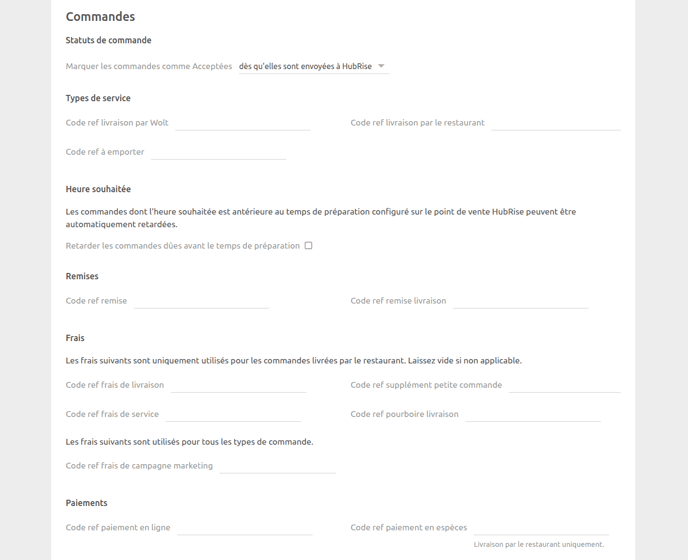 Page de configuration Wolt Bridge, section Commandes