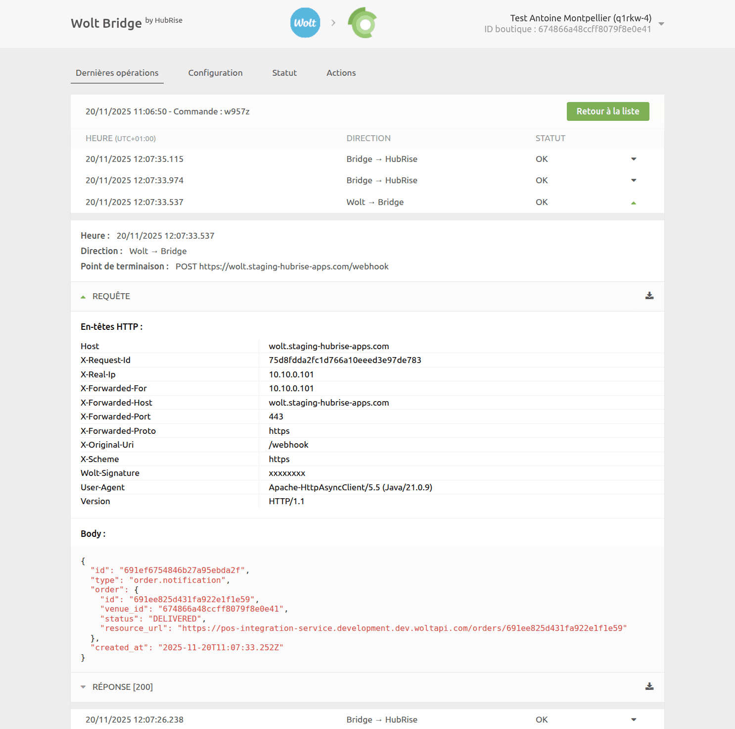 Page des logs de commande sur Wolt Bridge