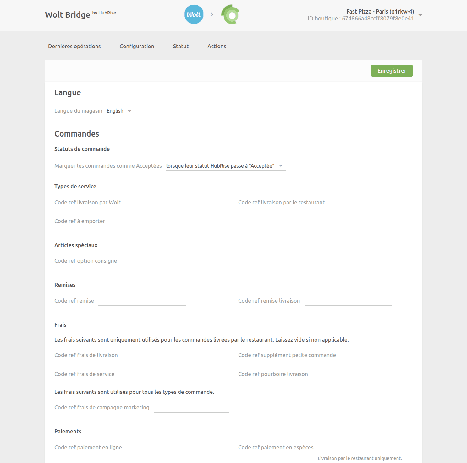 Page de configuration de Wolt Bridge