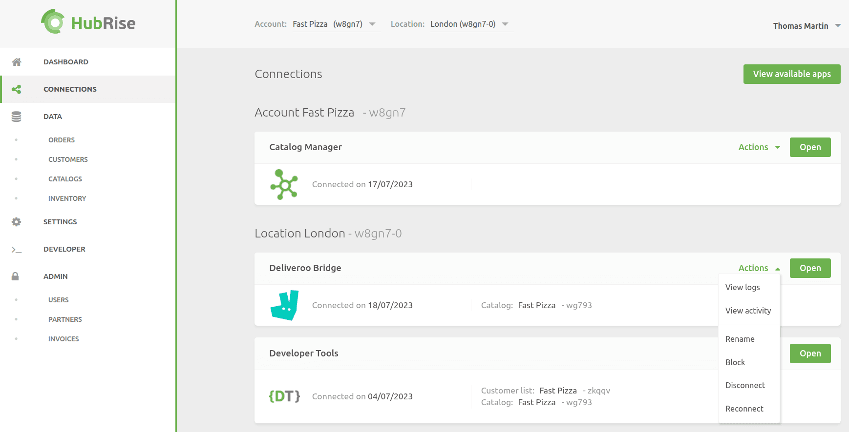 HubRise Connection - Contextual connection menu