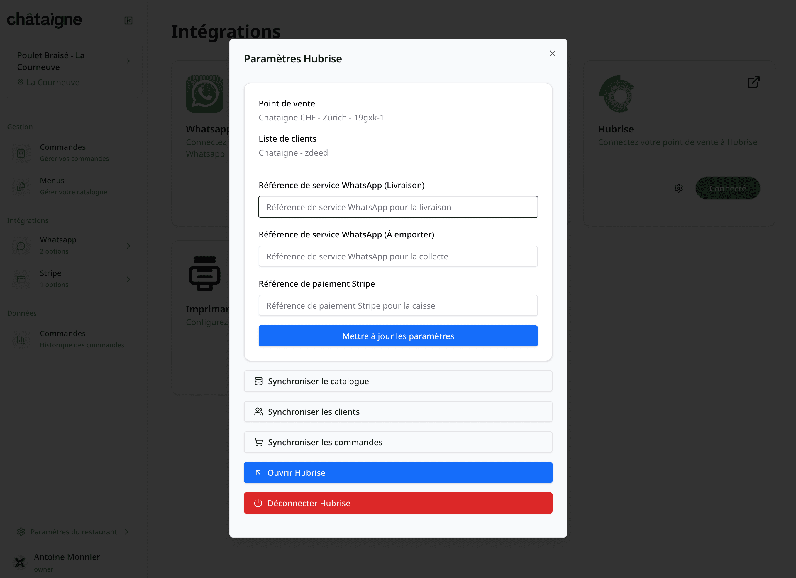 Page de configuration HubRise de Châtaigne