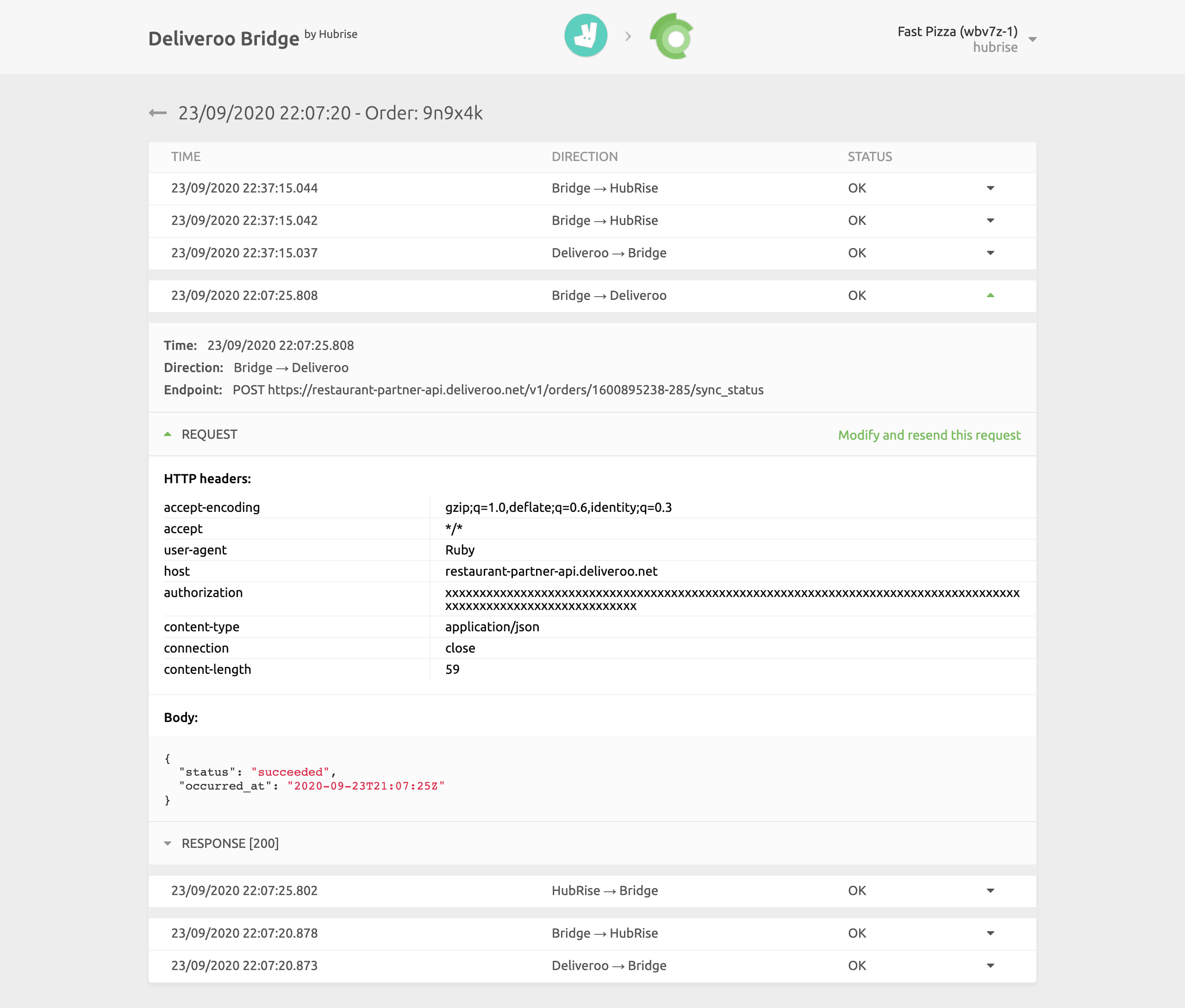 Order logs page on Deliveroo Bridge
