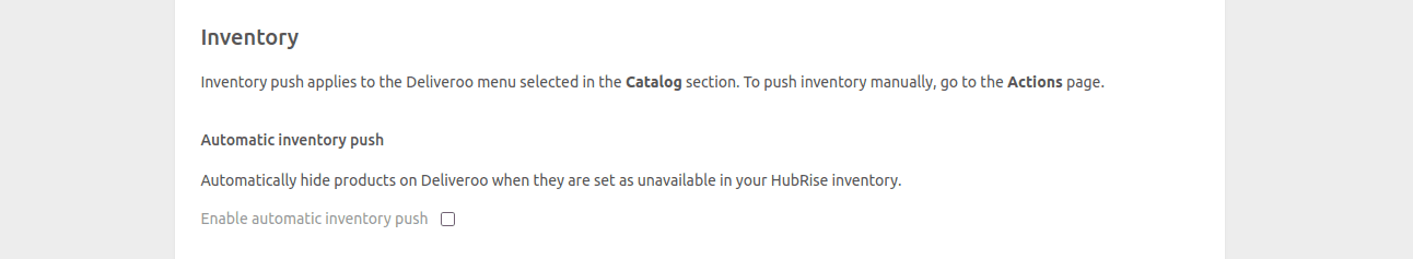 Deliveroo Bridge configuration page, Inventory section
