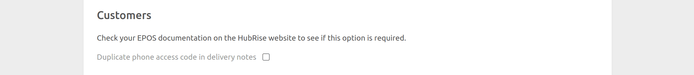 Deliveroo Bridge configuration page, Customers section