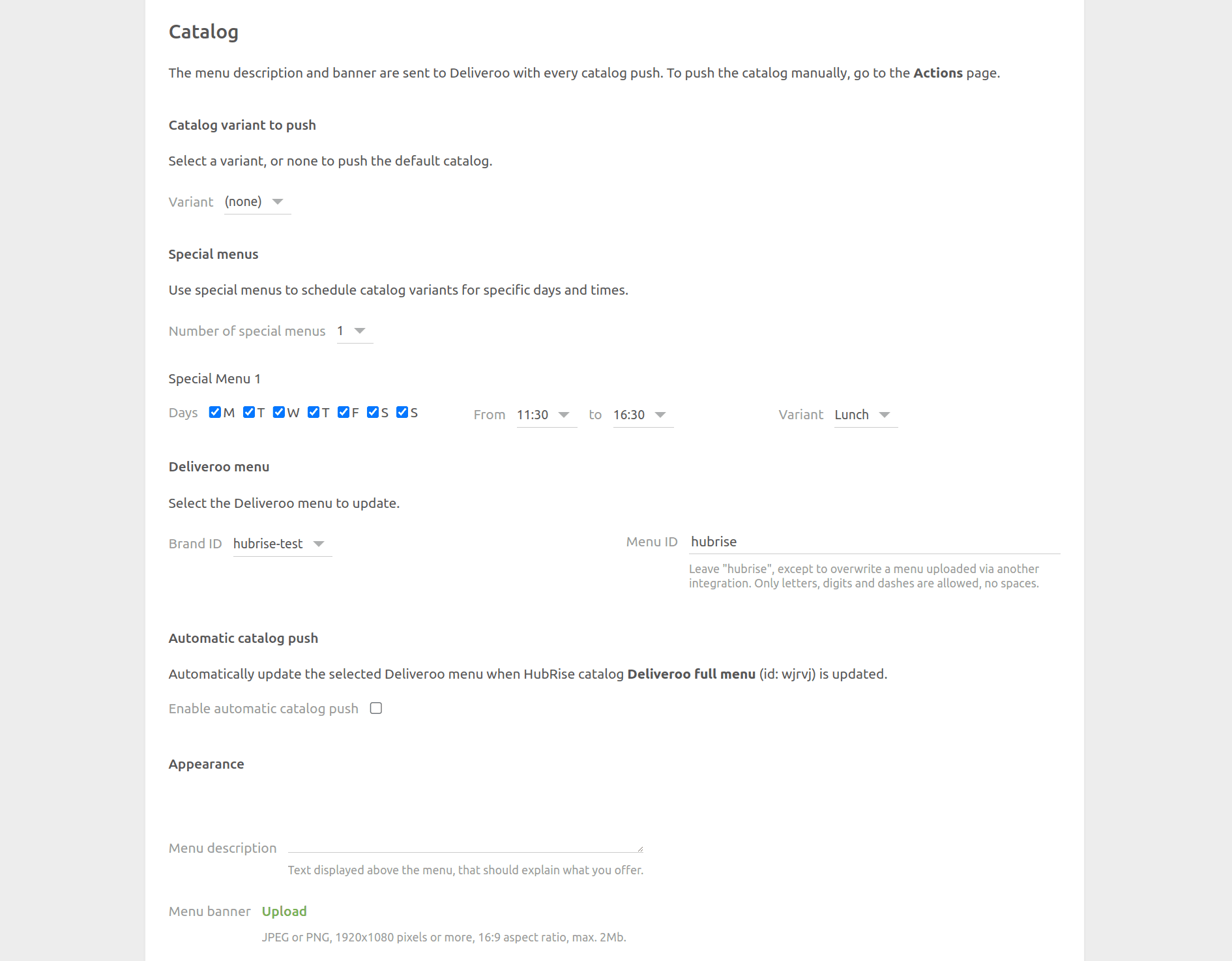 Deliveroo Bridge configuration page, Catalog section