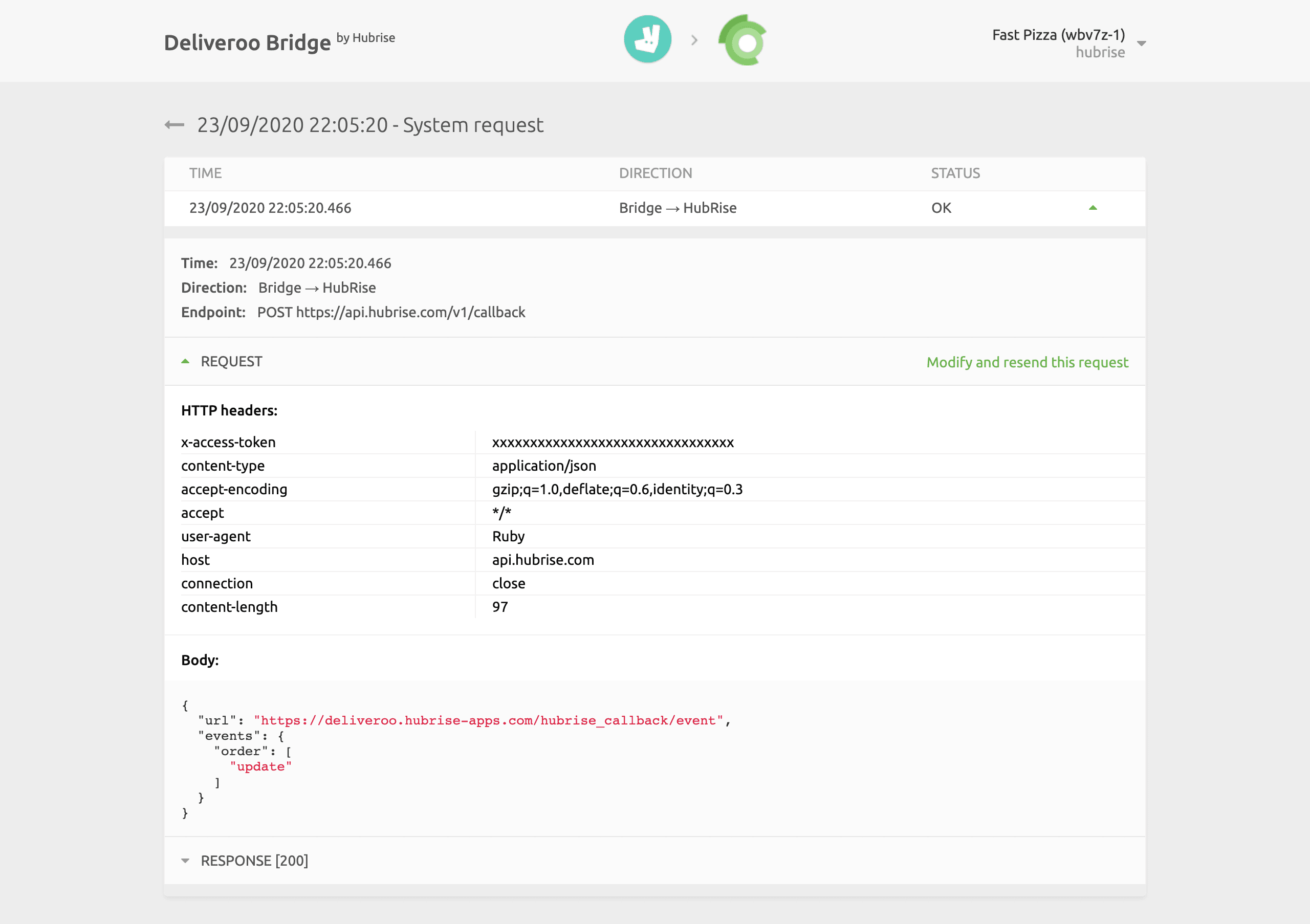 System request page on Deliveroo Bridge