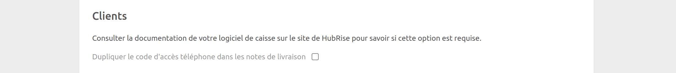 Page de configuration de Deliveroo Bridge, section Clients