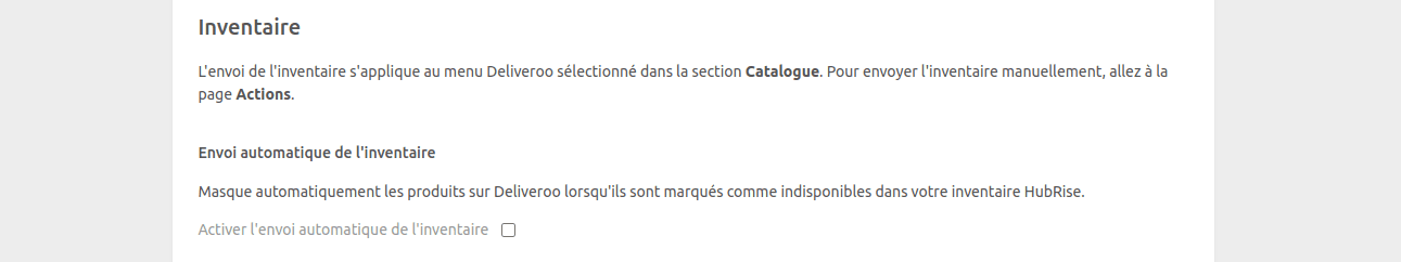 Page de configuration de Deliveroo Bridge, section Inventaire
