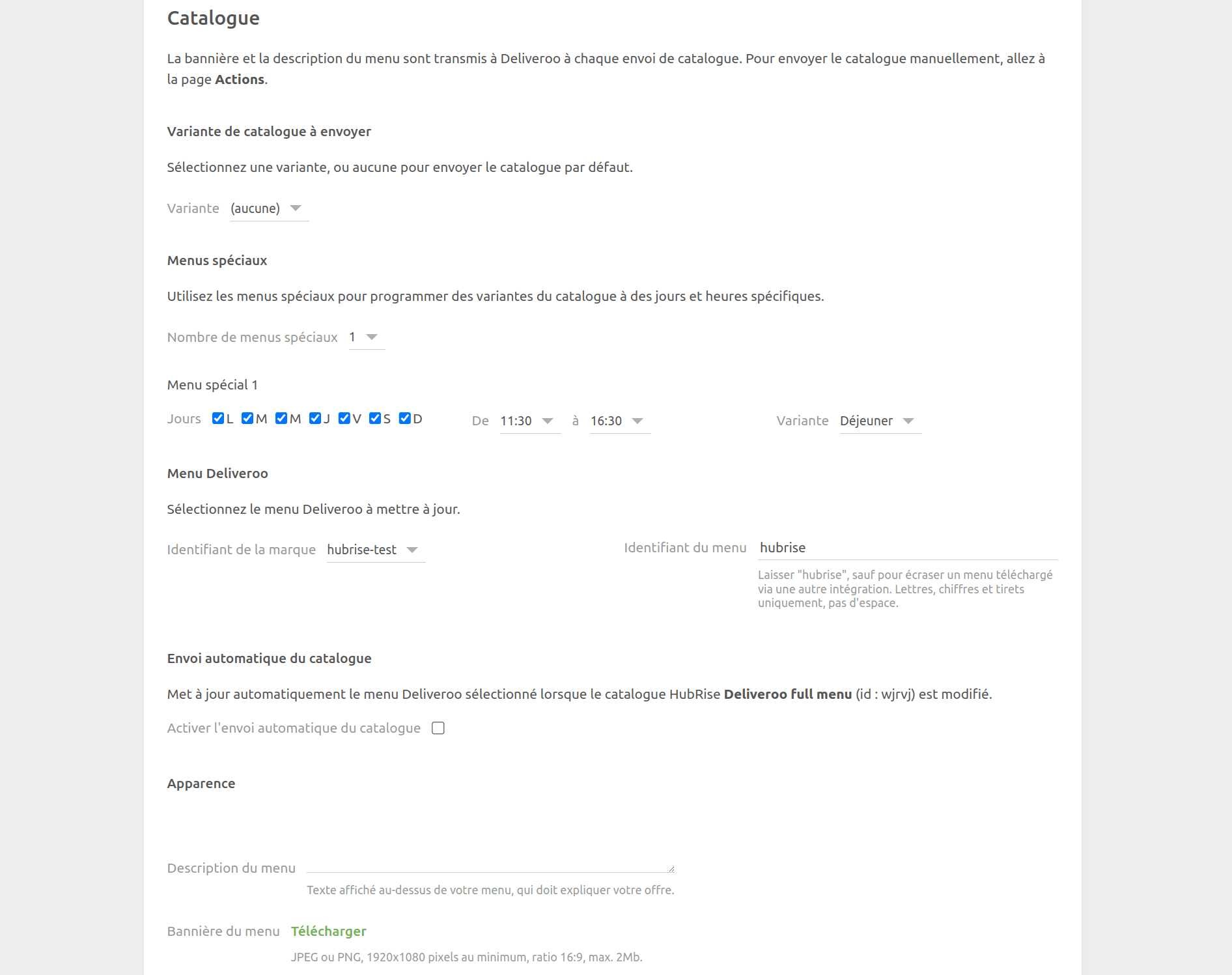Page de configuration de Deliveroo Bridge, section Catalogue