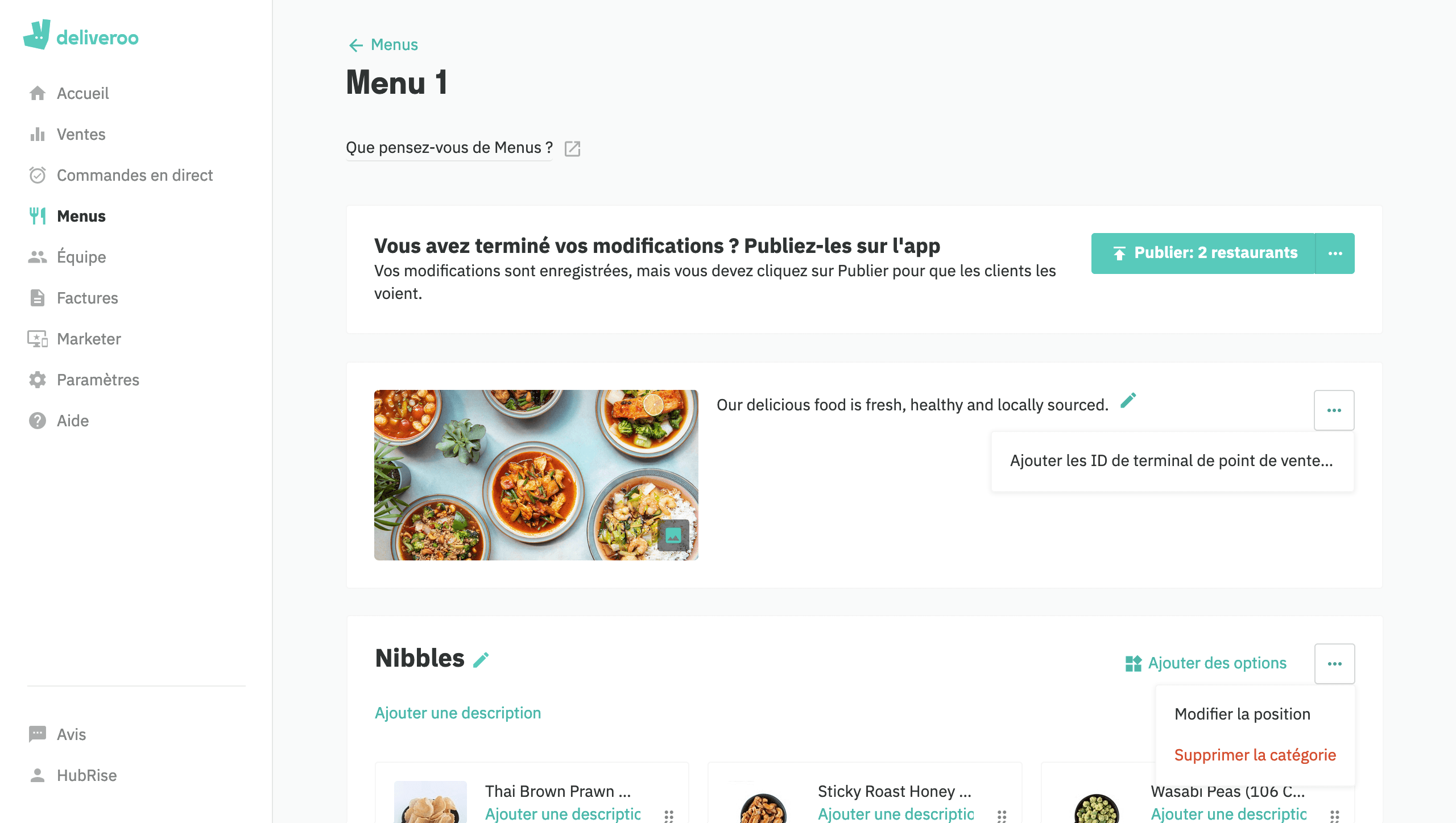 Page d'édition de menu de Deliveroo