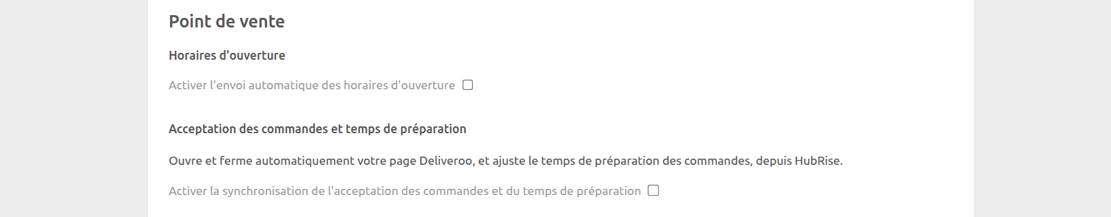 Page de configuration de Deliveroo Bridge, section Point de vente