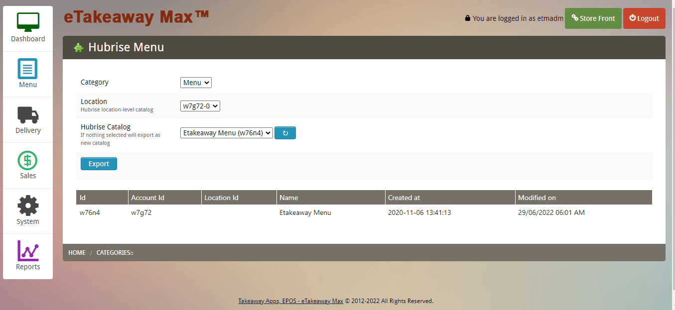 eTakeaway Max HubRise Menu page for store managers