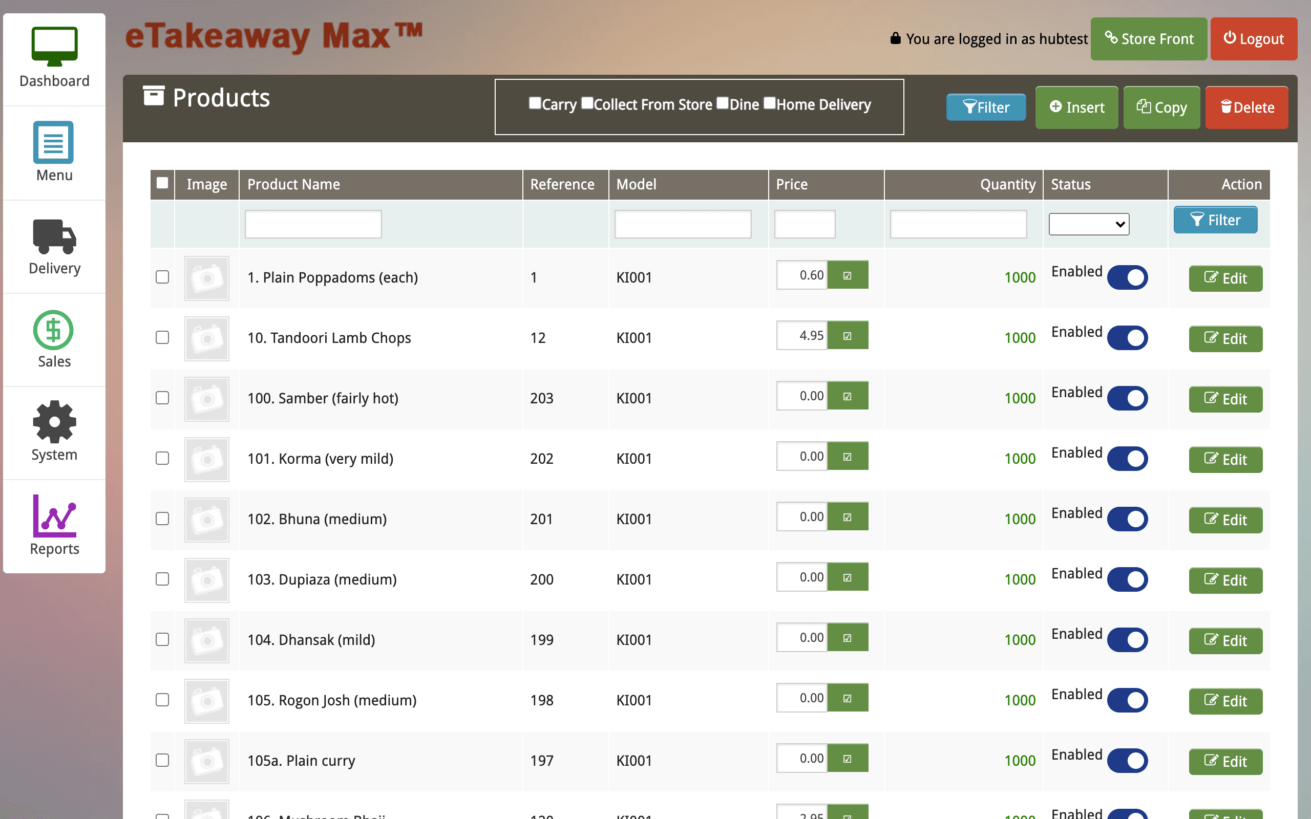 eTakeaway Max products page for store managers